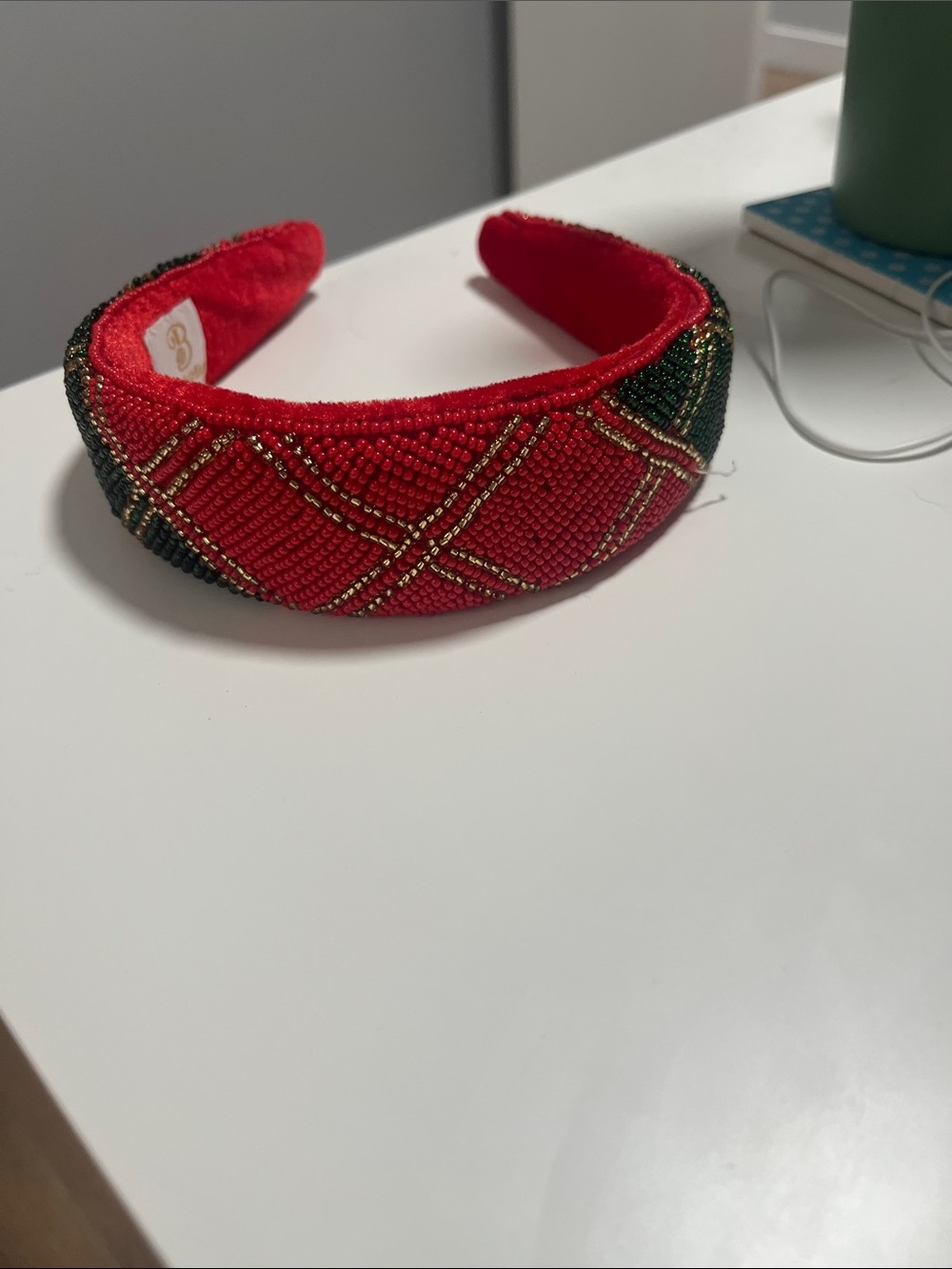 Red Beaded Plaid Padded Headband with Gold Accents